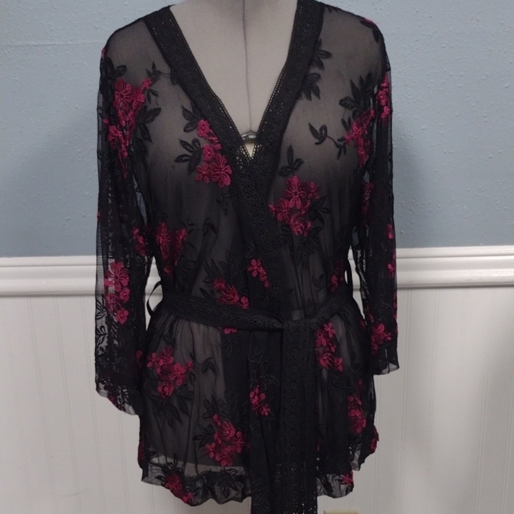 Kimono Cardigan Black and Pink Boho Bohemian Floral Embroidered Mesh Robe